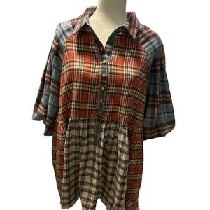 Oli & Hali Multi‑Plaid Button Front Dress in Rust, Blue, Cream